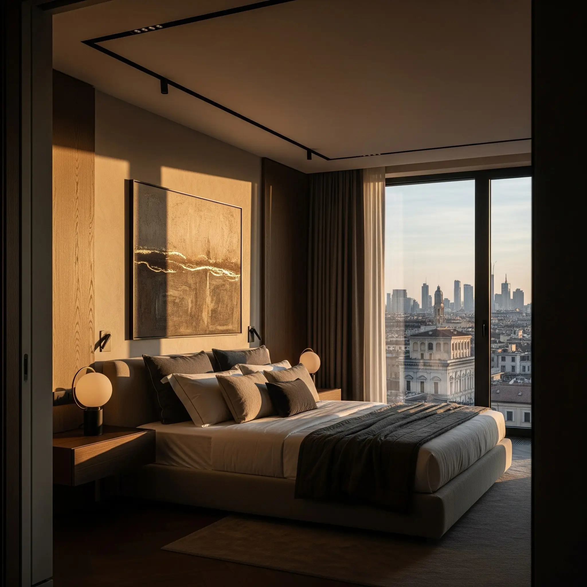 Bedroom at golden hour with a view of the city skyline