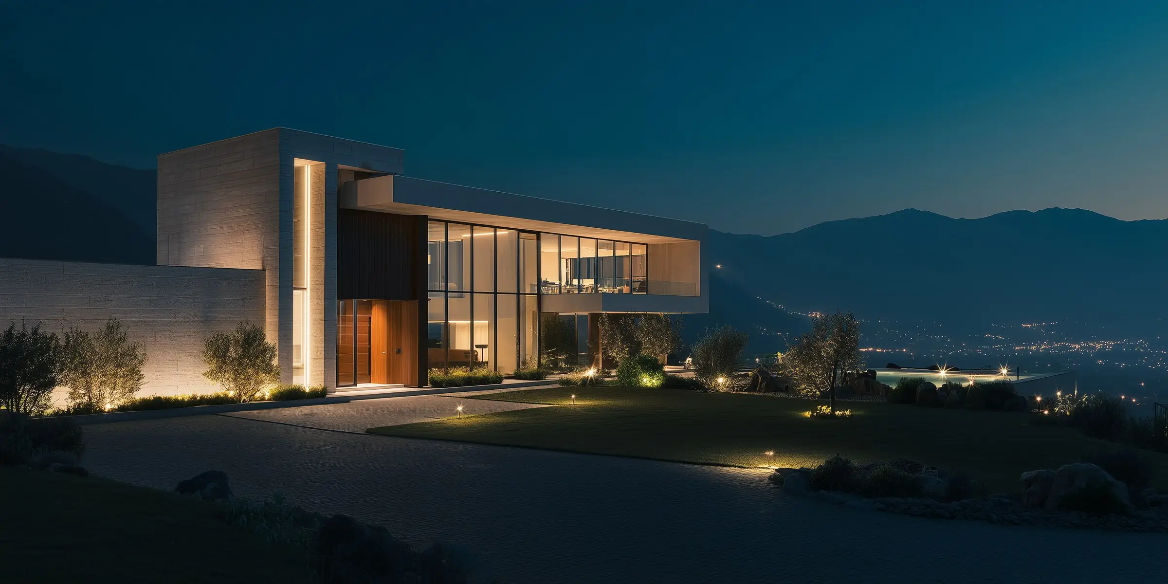 Contemporary villa lit at night against the mountains