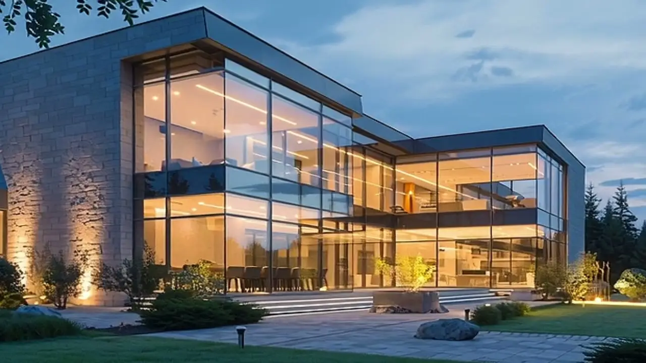 Glass-fronted contemporary villa lit at dusk, still from a property film