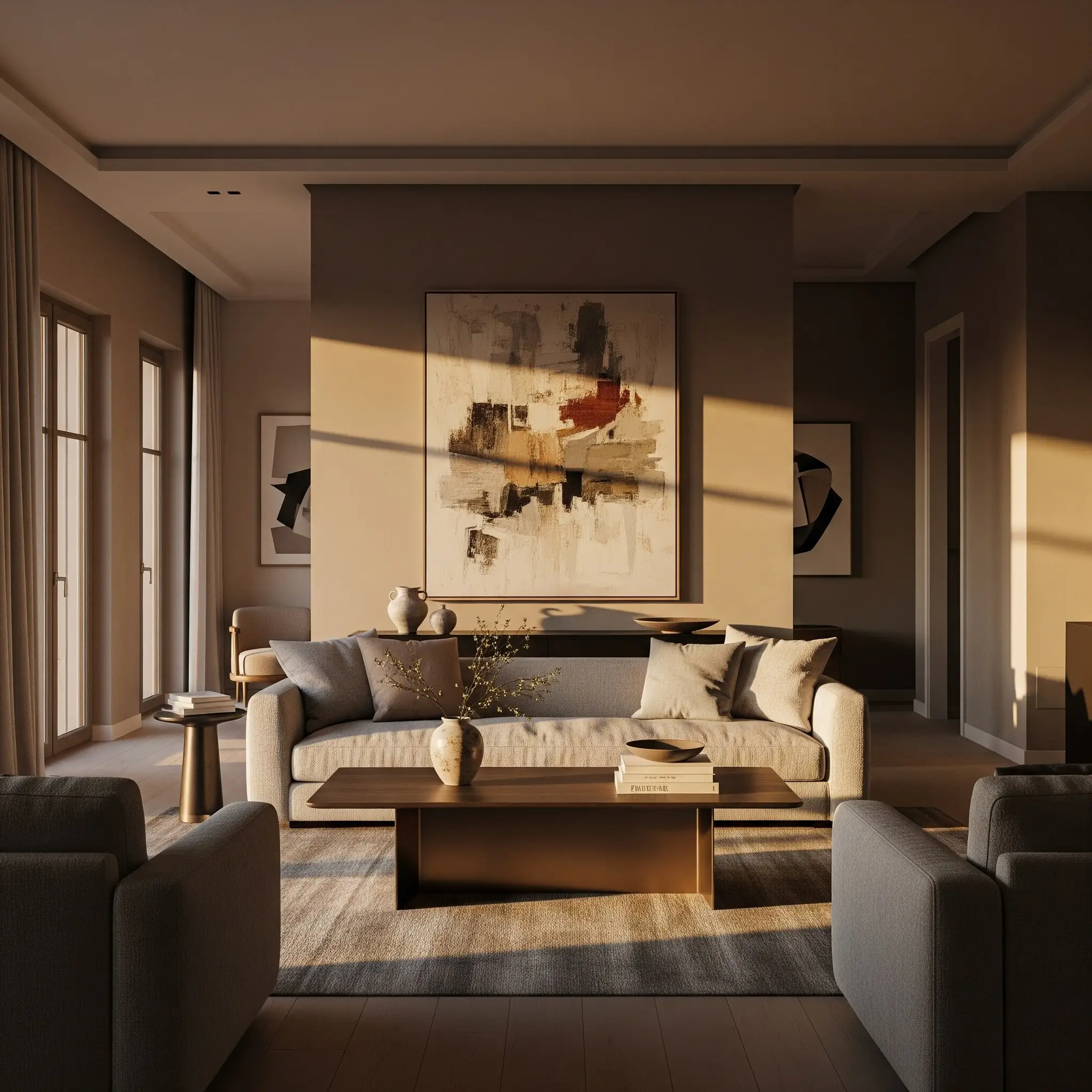 Living room in warm evening light with sofa, armchairs and abstract art