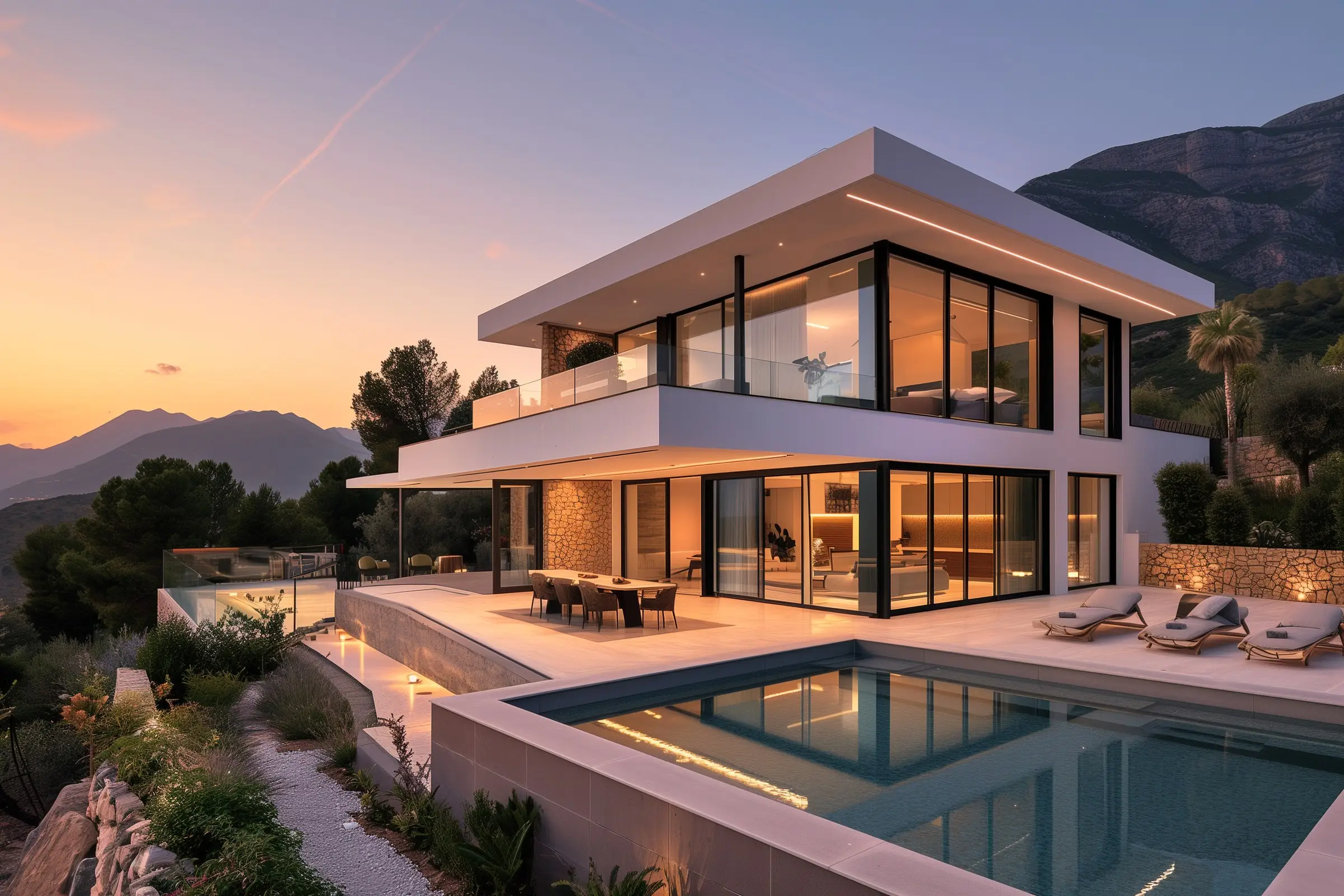 Luxury villa with infinity pool at sunset in the mountains