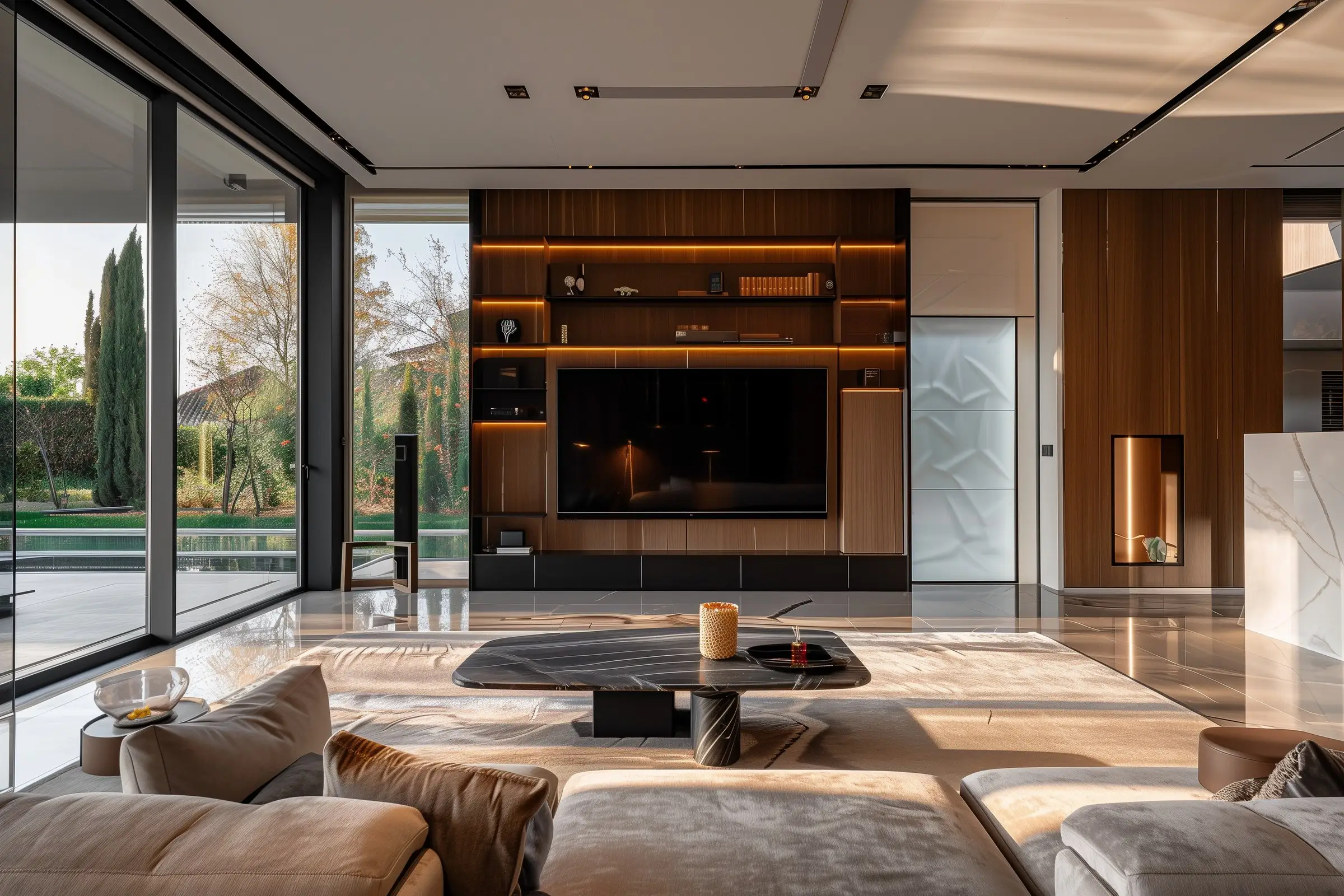 Open-plan living room with wood shelving, glass doors and garden view