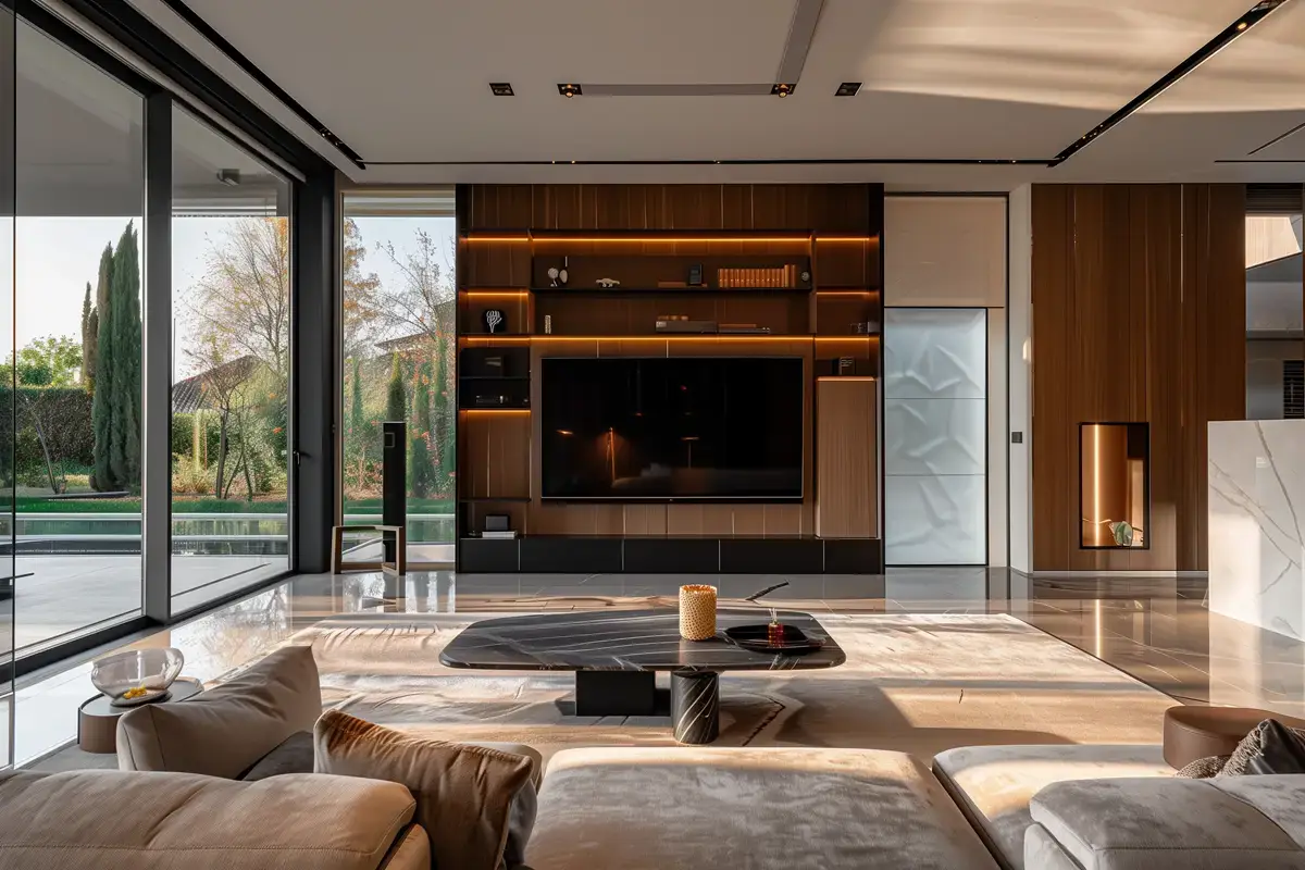 Open-plan living area with wood shelving, glass doors and garden view