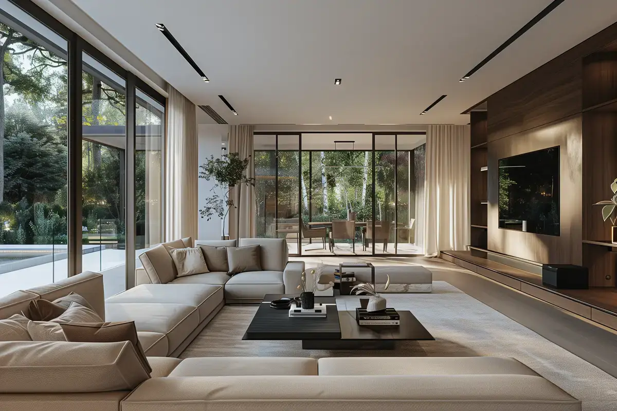 Large lounge with sectional sofa, wall TV and floor-to-ceiling glass to the garden