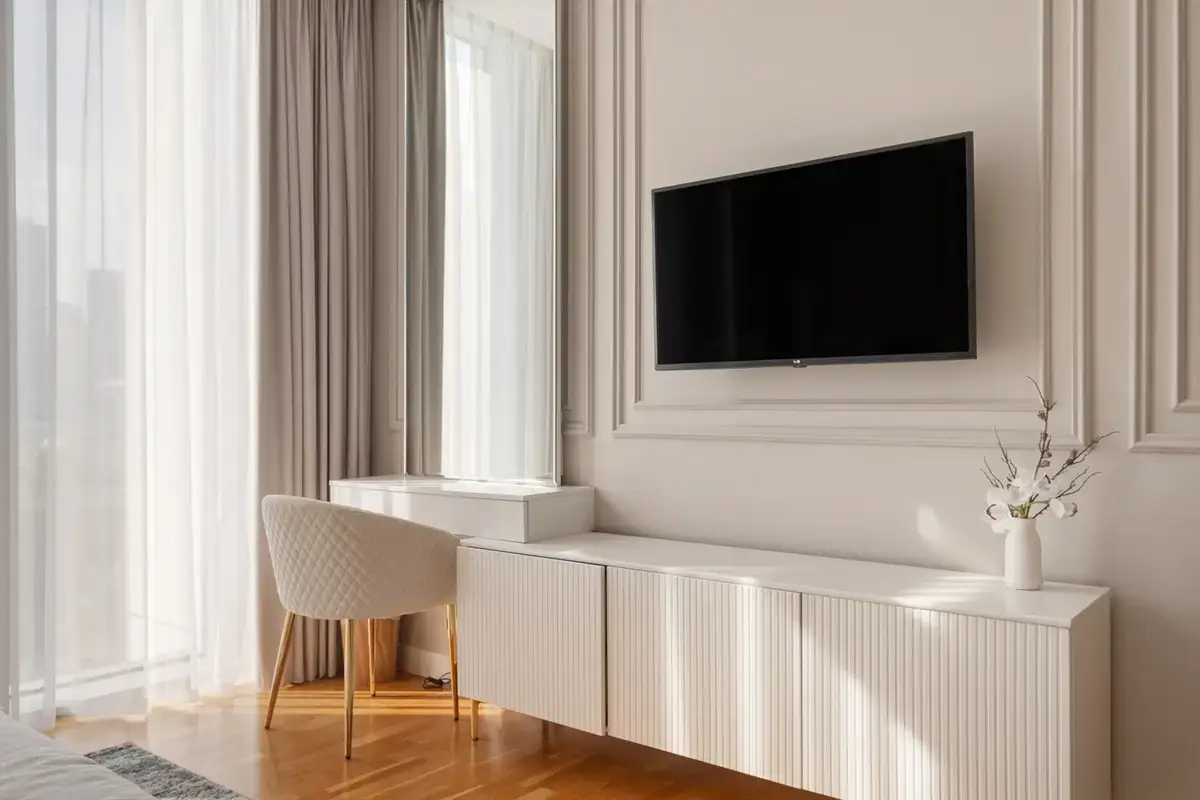 Living space wall with TV, white sideboard, chair and sheer curtains