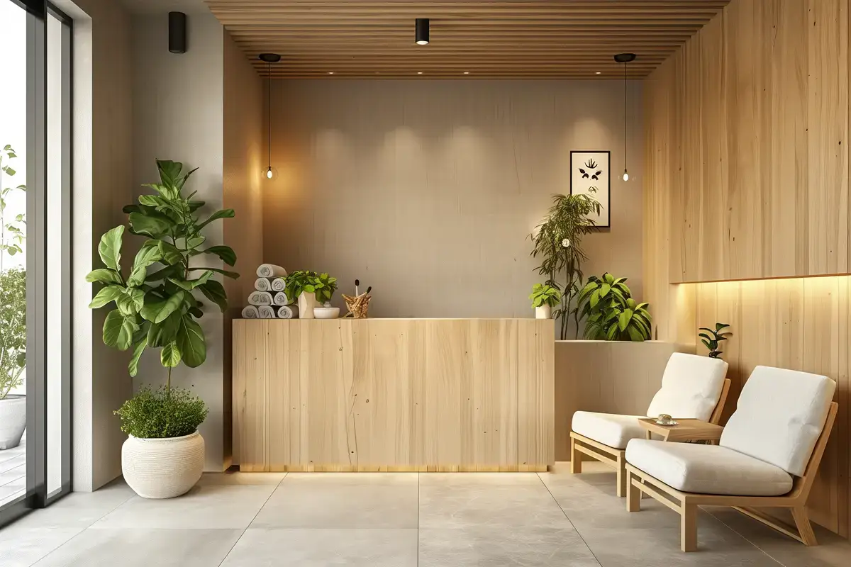 Wood-clad reception area with plants and two lounge chairs