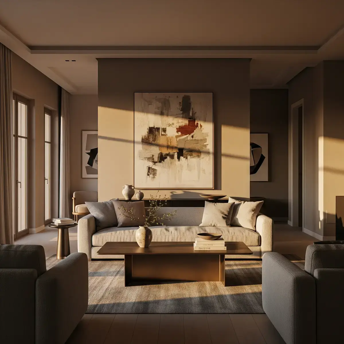 Living room in warm evening light with a sofa, armchairs and abstract art