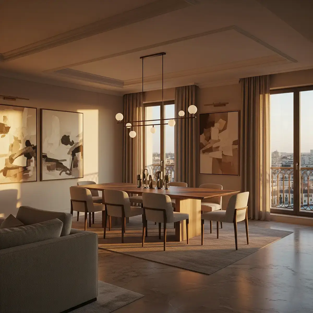 Dining room with a long wooden table and pendant lights at golden hour