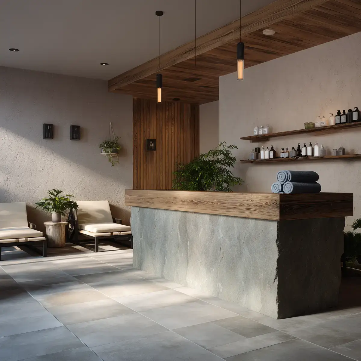 Spa-style reception counter with a stone front, wood ceiling and lounge chairs