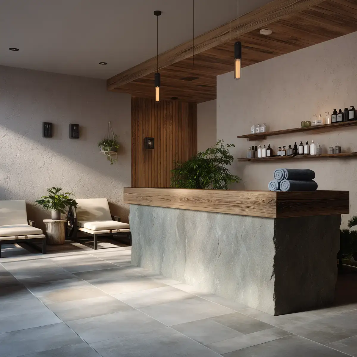 Spa-style reception counter with a stone front, wood ceiling and lounge chairs
