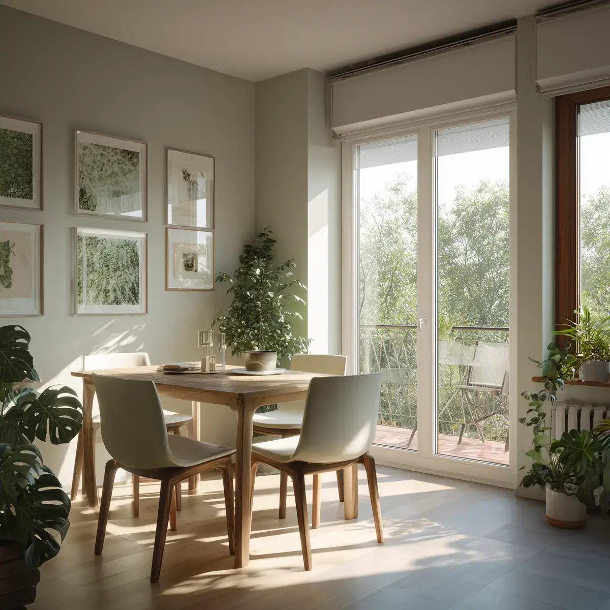 Dining table with chairs by a balcony window and framed botanical prints