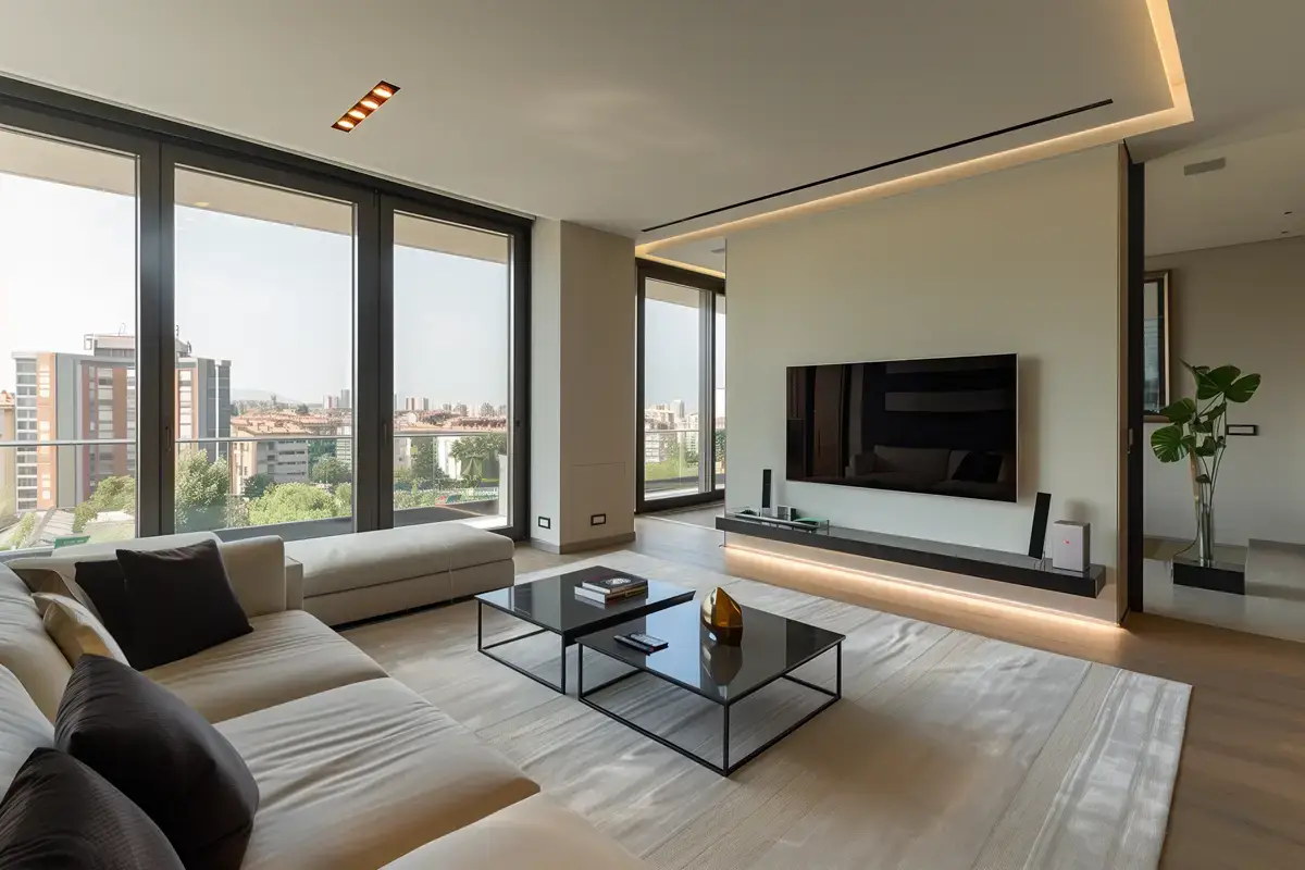 Modern living room with sectional sofa and city view through large windows