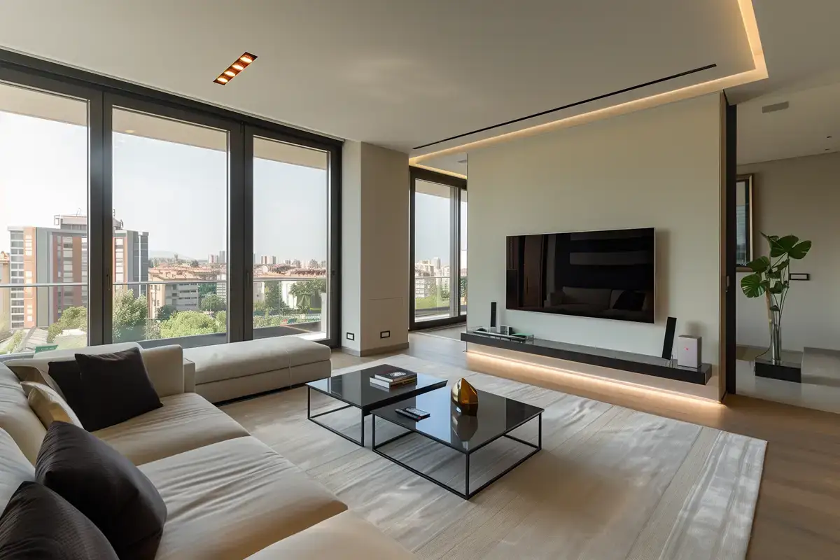 Modern living room with sectional sofa and city view through large windows