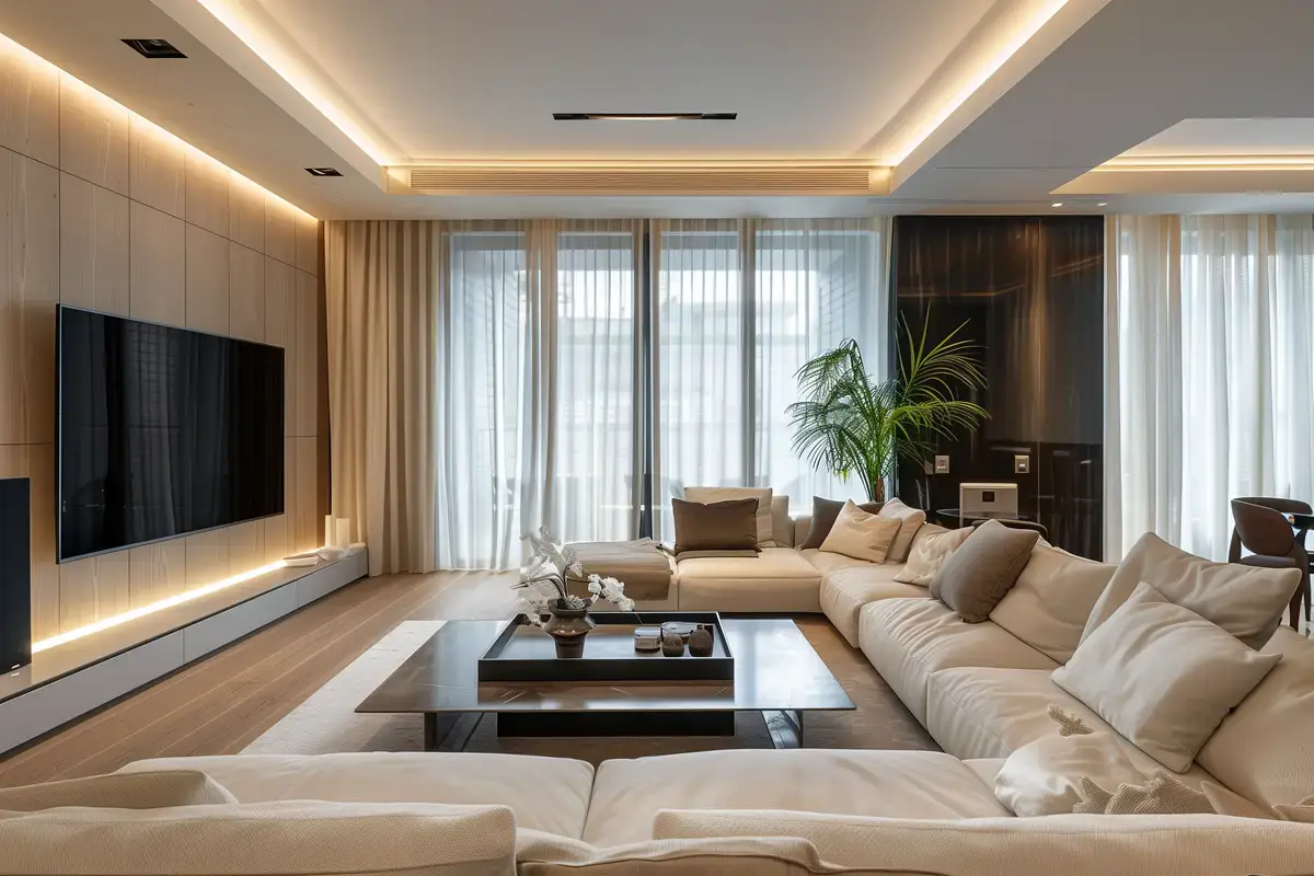 Spacious living room with cove lighting, wall TV and sectional sofa