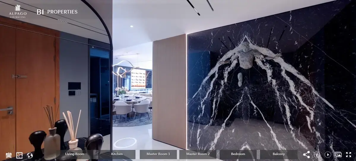 Screenshot of a 360° virtual tour of a luxury interior