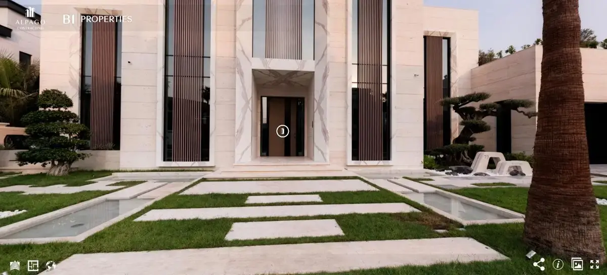 Screenshot of a 360° virtual tour of a villa entrance and garden